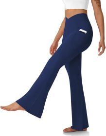 Womens Crossover Flare Leggings with Pockets Bootcut High Waisted Yoga Pants Tummy Control Gym Workout Work Pants (Color: Deep blue, size: S)