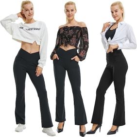 Womens Crossover Flare Leggings with Pockets Bootcut High Waisted Yoga Pants Tummy Control Gym Workout Work Pants (Color: Black, size: XXS)