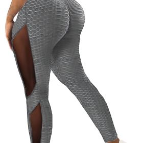 Honeycomb Mesh Contrast Leggings, Sporty Skinny High Waist Lifting Yoga Leggings, Women's Clothing (Color: Grey, size: XL(12))