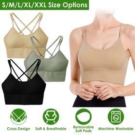 3Packs Women Cross Back Sport Bras Padded Strappy Medium Support Bras (Color: Green+Black+Beige, size: M)