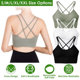 3Packs Women Cross Back Sport Bras Padded Strappy Medium Support Bras (Color: Green+Black+White, size: L)