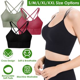 3Packs Women Cross Back Sport Bras Padded Strappy Medium Support Bras (Color: Green+Red+Black, size: XL)