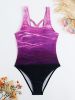 Ombre Purple Color Criss Cross Lace Up Back High Cut Tummy Control One Piece Swimsuit, Women's Swimwear